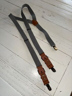 Vintage Gray Elastic Suspenders with Brown Leather Accents